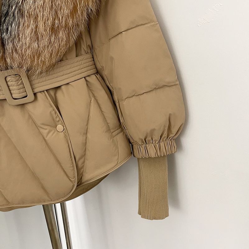 Women's Slim Fit Down Jacket With Detachable Fox Fur Collar, Warm Winter Coat For Petite, Mid-Length Puffer Coat With Belt_voghion.com