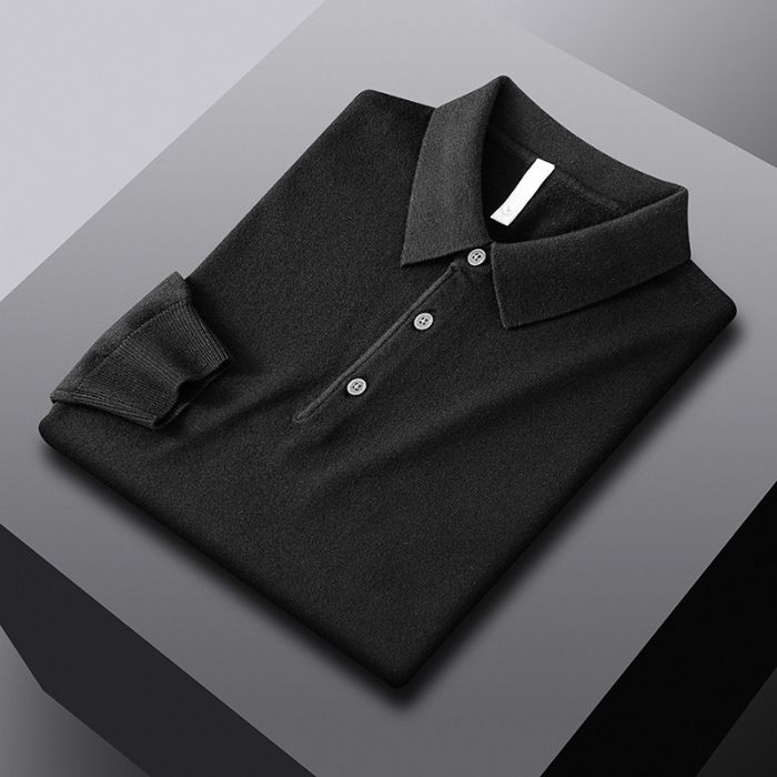 Herbst Winter Umlegekragen Warme Innenschicht Kaschmir Mode Pendler Gestricktes Poloshirt Business Casual_voghion.com