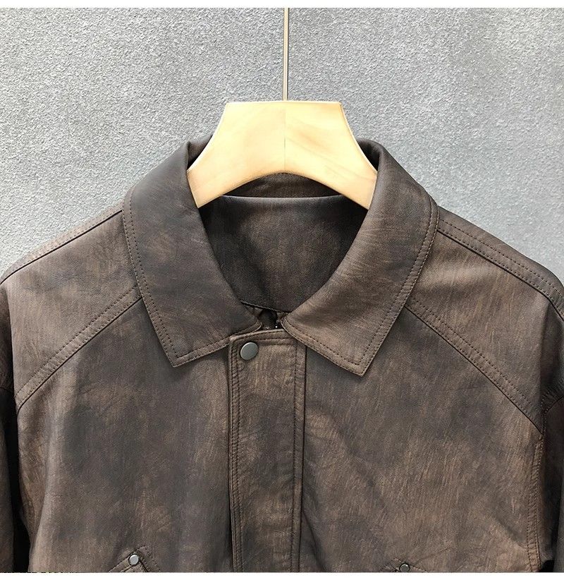 "Men's Retro PU Leather Jacket – Slim-Fit Biker Coat With Stand Collar & Side Pockets (Charcoal/Coffee, L-3XL)"_voghion.com