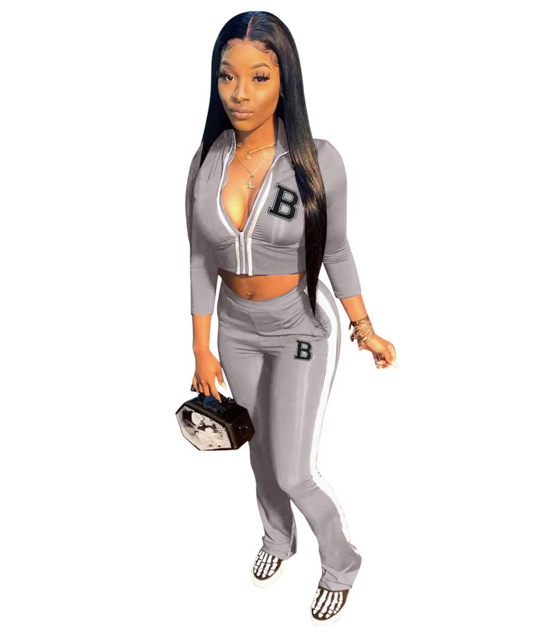 Women's Clothing Trouser Leg Zipper Slit Color Matching Sports Leisure Suit_voghion.com