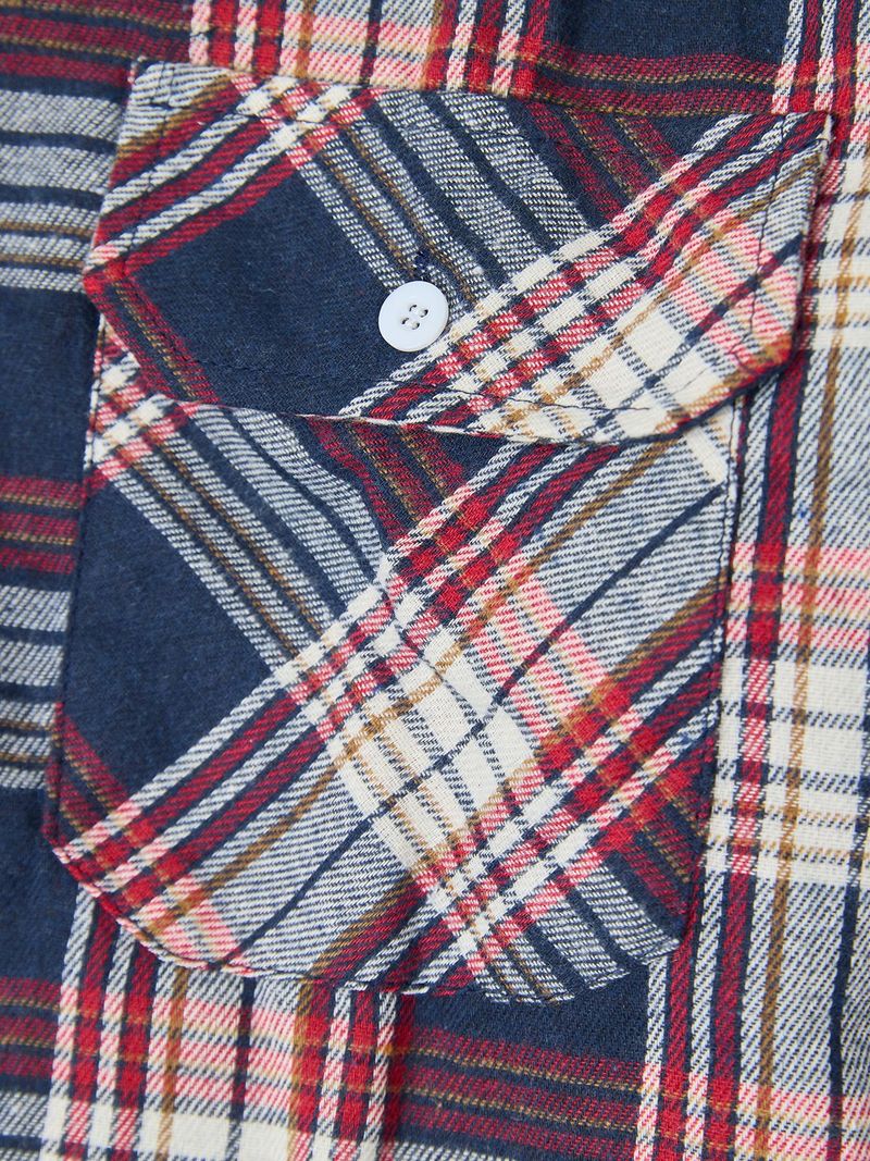 Men’s Flannel Plaid Shirt – Soft Brushed Polyester Long Sleeve Casual Button-Up (Red/Navy/Orange)_voghion.com