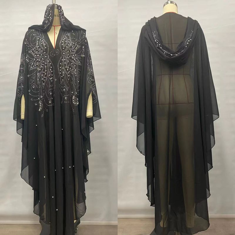 Robe cravejado de strass, xale muçulmano, vestido com capa e capuz, manga morcego, mais vendido_voghion.com