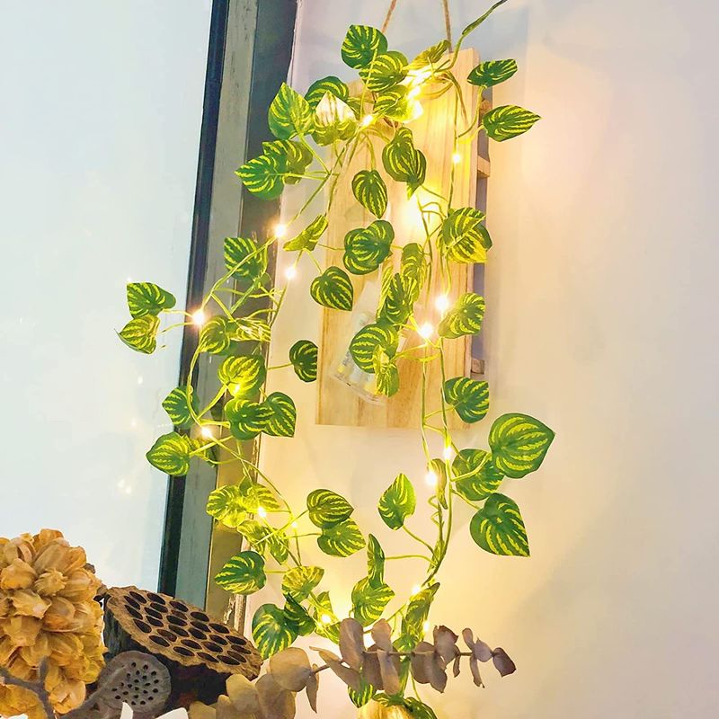 Grüne Wassermelonenblatt-LED-Lichterkette aus Kupferdraht, Schildkrötengrün, dekorative Rattan-Lichterkette_voghion.com