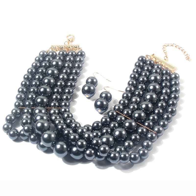 Conjunto de collar y accesorios para mujer con collar multicapa de perlas cortas_voghion.com