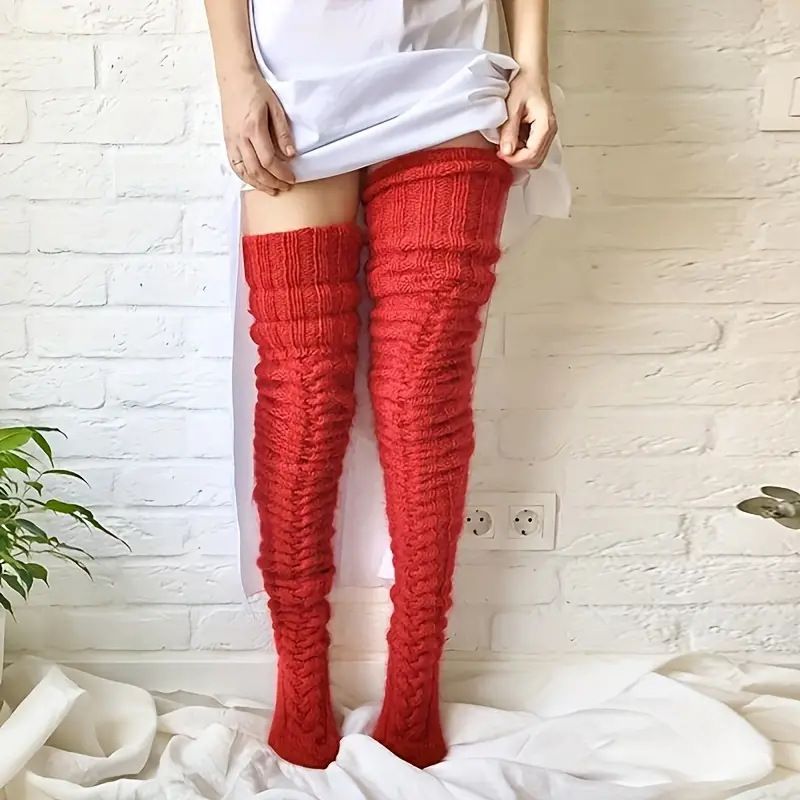Calcetines largos de punto 2025d para mujer, cálidos, de color liso, por encima de la rodilla, gruesos y holgados, para otoño e invierno_voghion.com