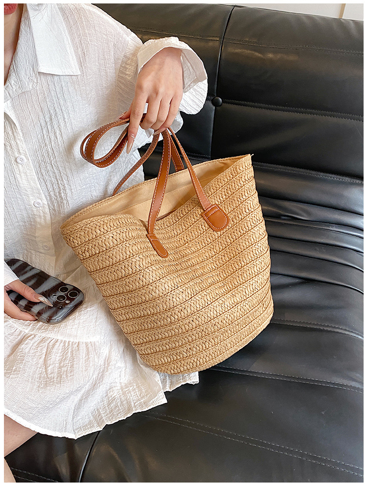 Bolso de mano tejido de alta capacidad, versátil y minimalista, con un solo hombro, bolso de playa para vacaciones para mujer_voghion.com
