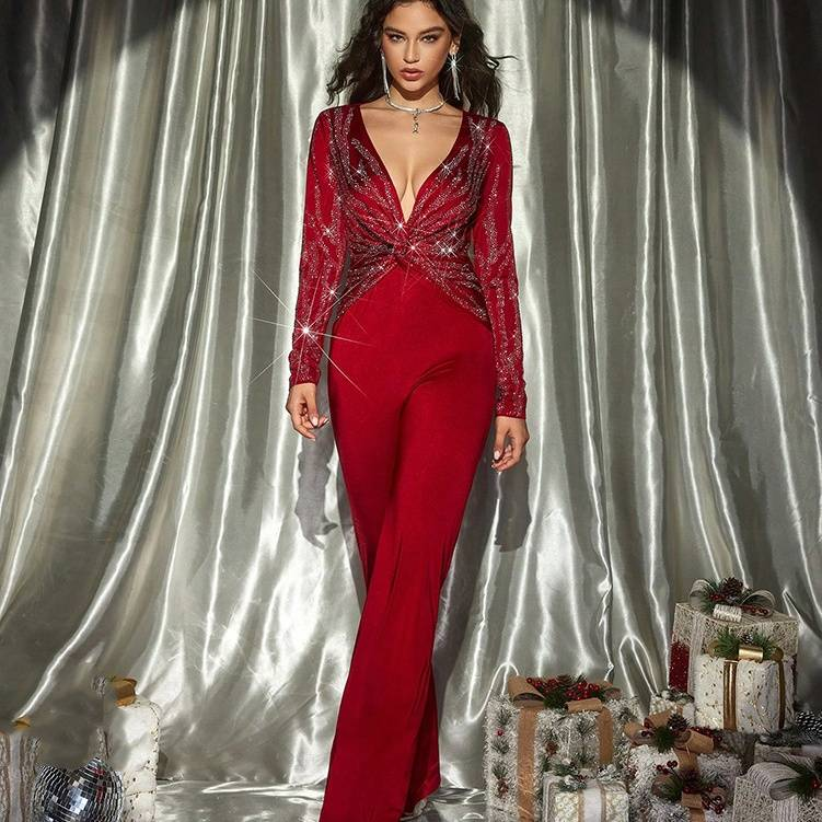 Dametøj Mode Temperament Jumpsuit Paillette Splicing Sexet Slank Lige Jumpsuit_voghion.com