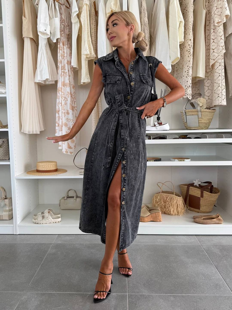Abito monopetto senza maniche in denim casual di nuova moda da donna_voghion.com