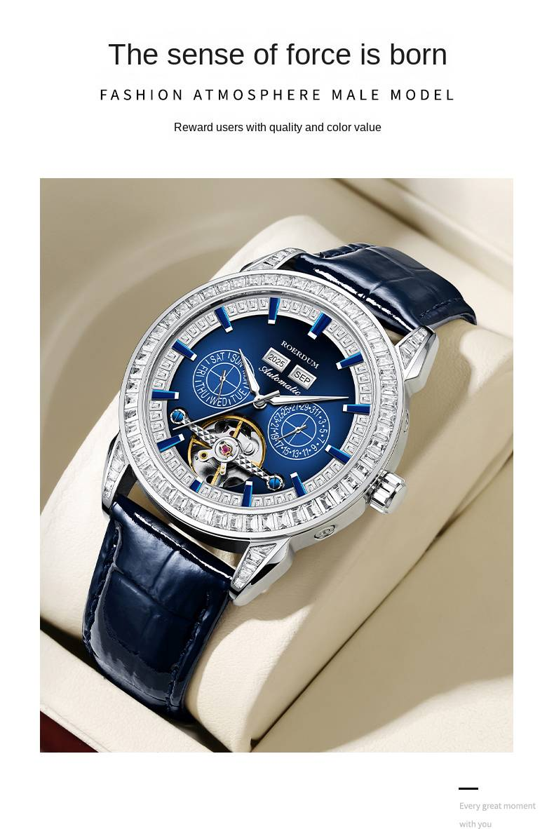 ROERDUM Pioneer Series – Leather Strap, Blue Triple Sub-Dial, Casual Fashion Men's Automatic Mechanical Watch_voghion.com