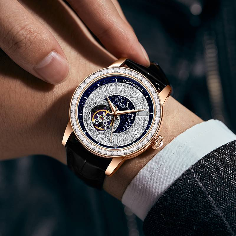 McLaro Infinite Universe Series Men's Mechanical Watch - Black Swan, Blue Diamond Dial, Genuine Leather Strap_voghion.com