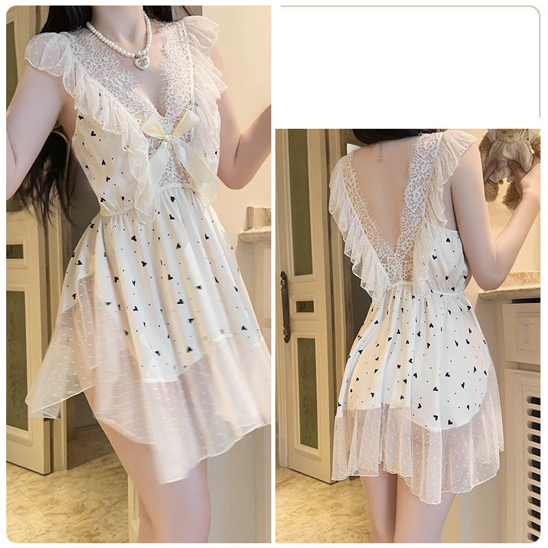 Underwear & Sleepwears Underwear Deep V Luxury Satin Lingerie Set - Deep V Backless Nightgown With Polka Dot Mesh, Plus Size Comfortable Sleepwear_voghion.com