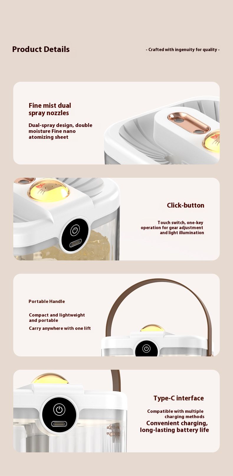 Ultraschall-Luftbefeuchter – 2 l quadratischer Diffusor mit kühlem Nebel, Doppeldüsen und Stimmungslicht für kleine Räume (USB-betriebenes ABS-Gehäuse)_voghion.com
