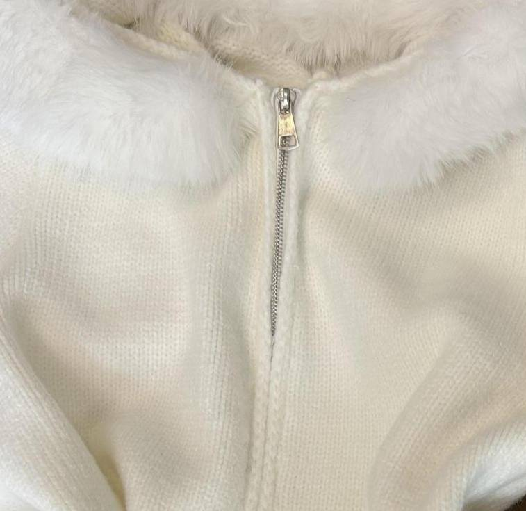 Elegante Strickjacke mit Kapuze, Prinzessärmeln, Wellenbesatz, Reißverschluss vorne (Weiß, S-XL)_voghion.com