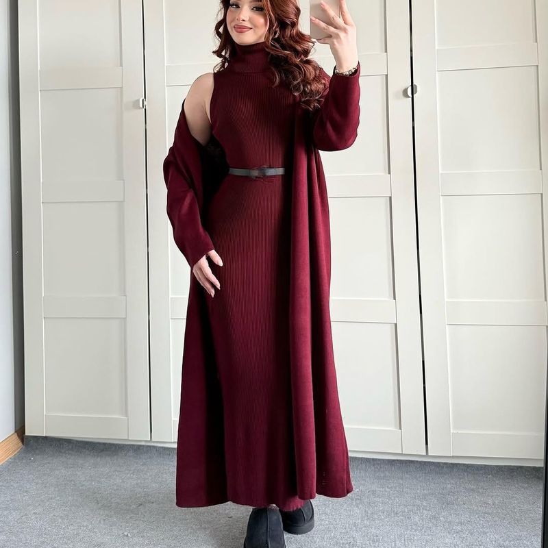 Abbigliamento da donna Elegante abito in maglia aderente con collo alto e cardigan per donna - Completo dolcevita a maniche lunghe per autunno inverno in marrone e beige_voghion.com