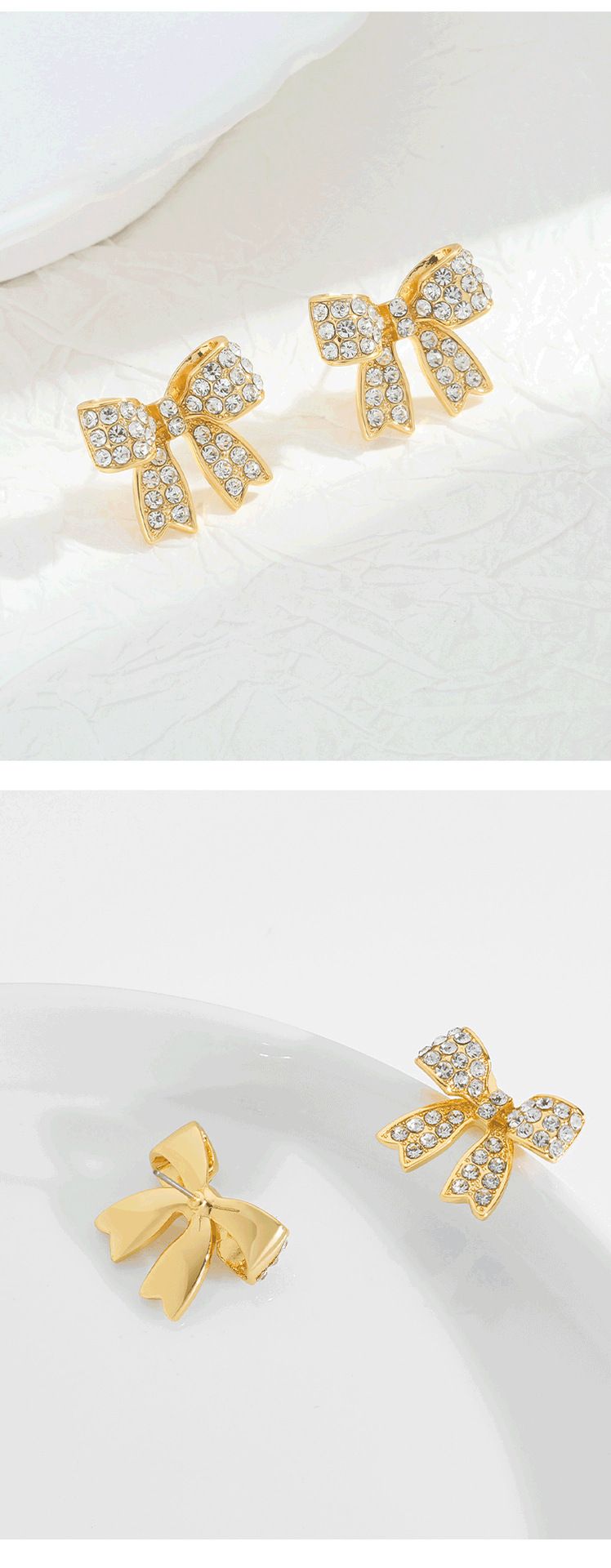 Fashion copper plated real gold inlaid zircon bow earrings temperament style exquisite female ear jewelry_voghion.com