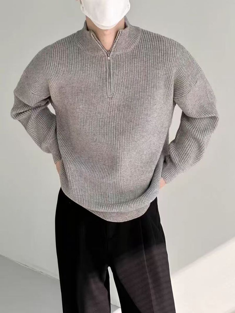Maglione casual da uomo con mezza zip e collo alto, traspirante, lavabile in lavatrice, elasticizzato (bianco, grigio, nero, blu)_voghion.com