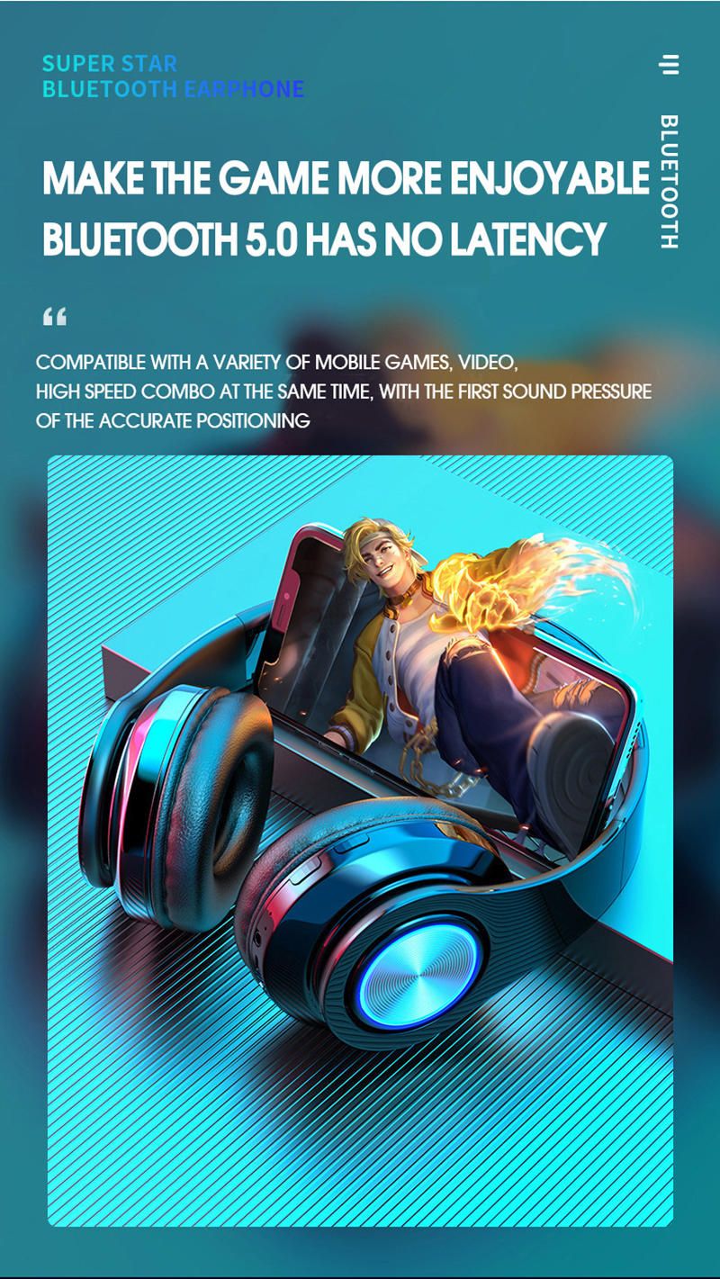 B39 LED luci respiratorie colorate Bluetooth 5.0 cuffie auricolari wireless portatili pieghevoli con microfono supporto FM_voghion.com