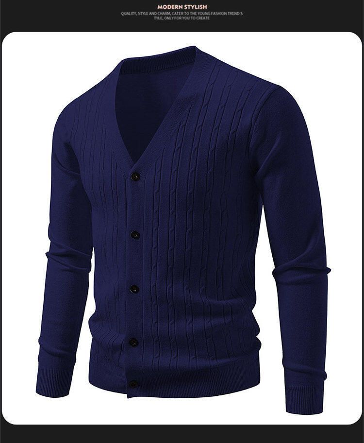 Lässiger Herren-Strickpullover – Vintage-Zopfmuster, lockere Passform, V-Ausschnitt, lange Ärmel, offene Vorderseite_voghion.com