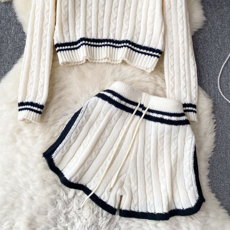 Women's Clothing Autumn and winter lazy style loose lapel striped sweater + high waist slim wide leg shorts knitted suit_voghion.com