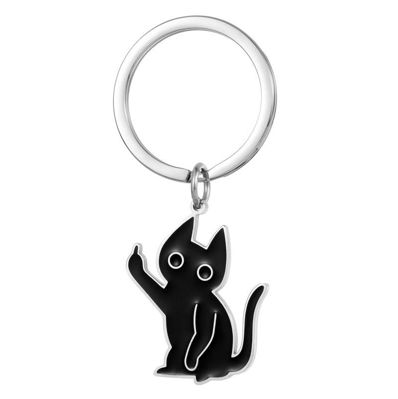 Hot-selling Onovertuigde Kitten Sleutelhanger Cartoon Grappige RVS Sleutelhanger Verticale Middelvinger Zwarte Kat Hanger_voghion.com