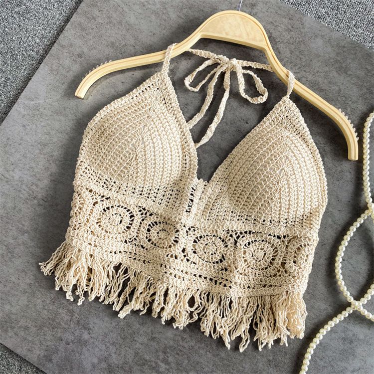 Halter neck small vest sling inner wear with exposed shoulder straps and chest pads backless hollow tube top embroidered vest women's summer short top_voghion.com