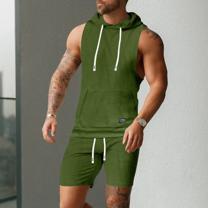 Ärmlös enfärgad jacquardstickad huvad ärmlös t-shirt casual västshorts set för män_voghion.com