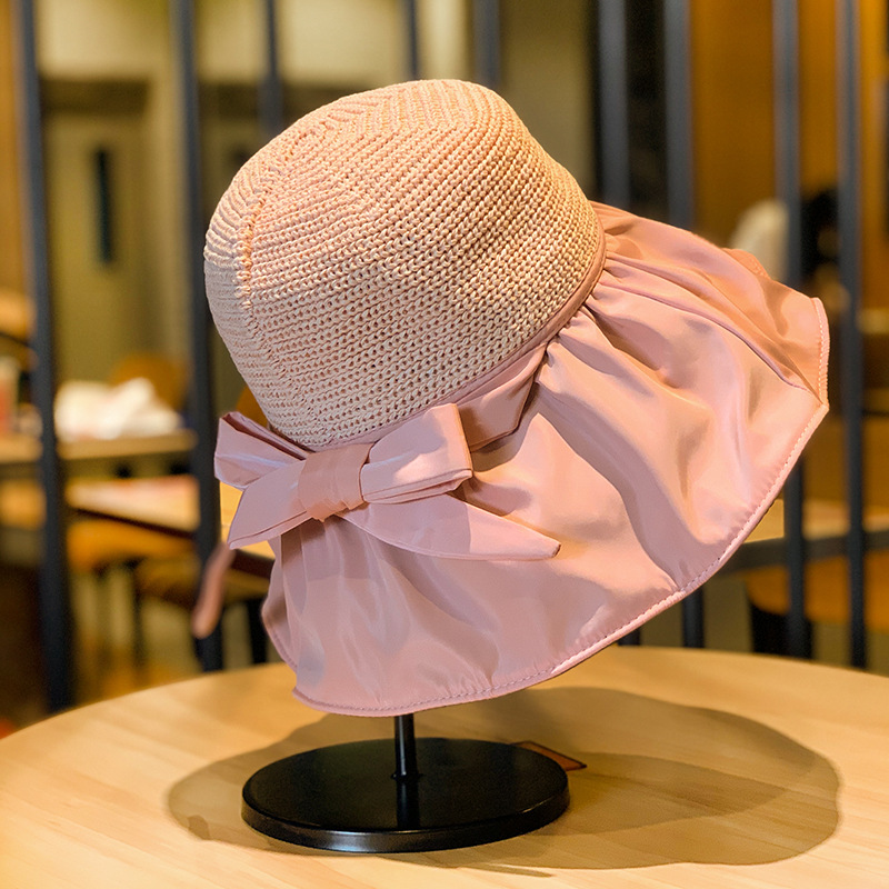 Schwarzer Kunststoff-Strandhut Sonnenhut Damen Sommer hohler Strohhut UV große Krempe Gesichtsbedeckung Sonnenschutzhut Großhandel_voghion.com