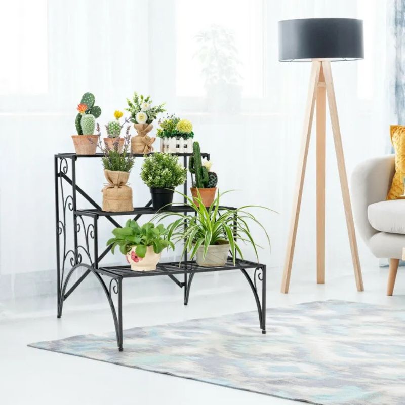 Porch Stand Metal Plant With 3-Tier Grid For Widened Shelf Garden_voghion.com