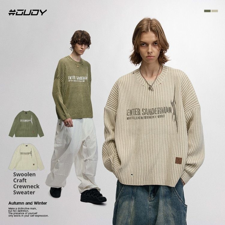 Pull à lettres style American Ins #OVDY avec position d'os ancienne, aiguille vide, pull en tricot début d'automne, unisexe_voghion.com
