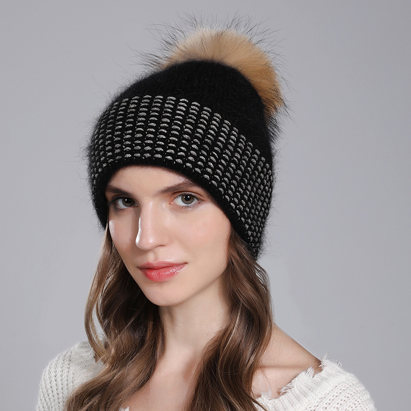 Echter Waschbärfellball für Damen, warm gestricktes Kaninchenhaar für Kinder, modische Wintermütze aus Wolle_voghion.com