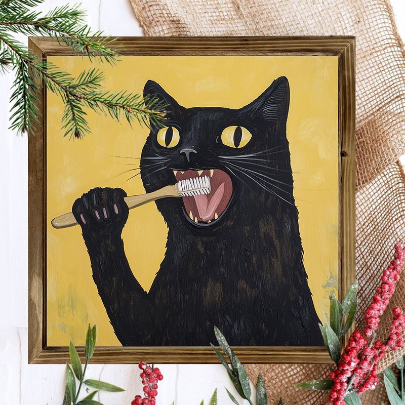 Encantador cuadro de gato negro de 20 x 20 cm con marco de madera, estilo rústico de granja. Gato negro cepillándose los dientes. Idea única de regalo navideño para el hogar, la cafetería y el baño._voghion.com