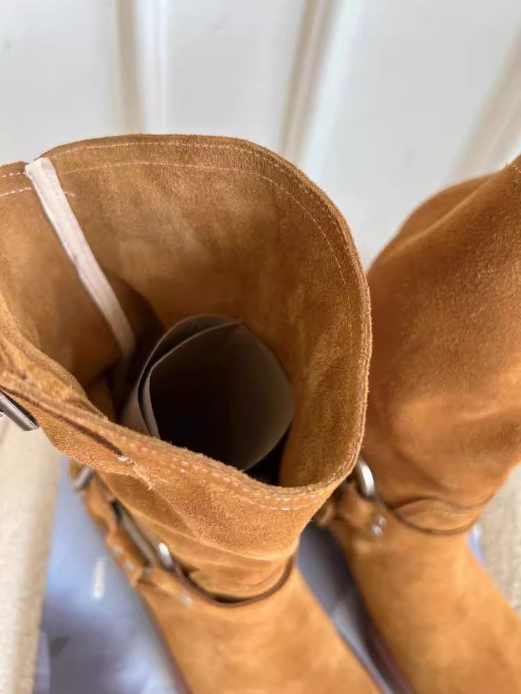 Matte Cowhide Western Cowboy Women's Genuine Leather Thick Heeled Short Boots, Square Toe Brown High Heels,_voghion.com