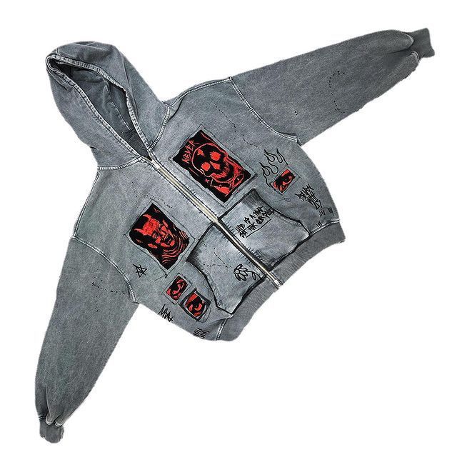 Herrenbekleidung Lockere große Größe Bedruckte gewaschene Denim-Reißverschluss-Kapuzenpullover-Jacke Strickjacke_voghion.com