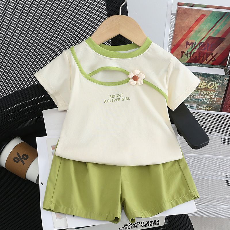 Kinder kleidung der sommer neue mädchen dreidimensionale kleine blume rundhals kurzarm baby casual shorts_voghion.com