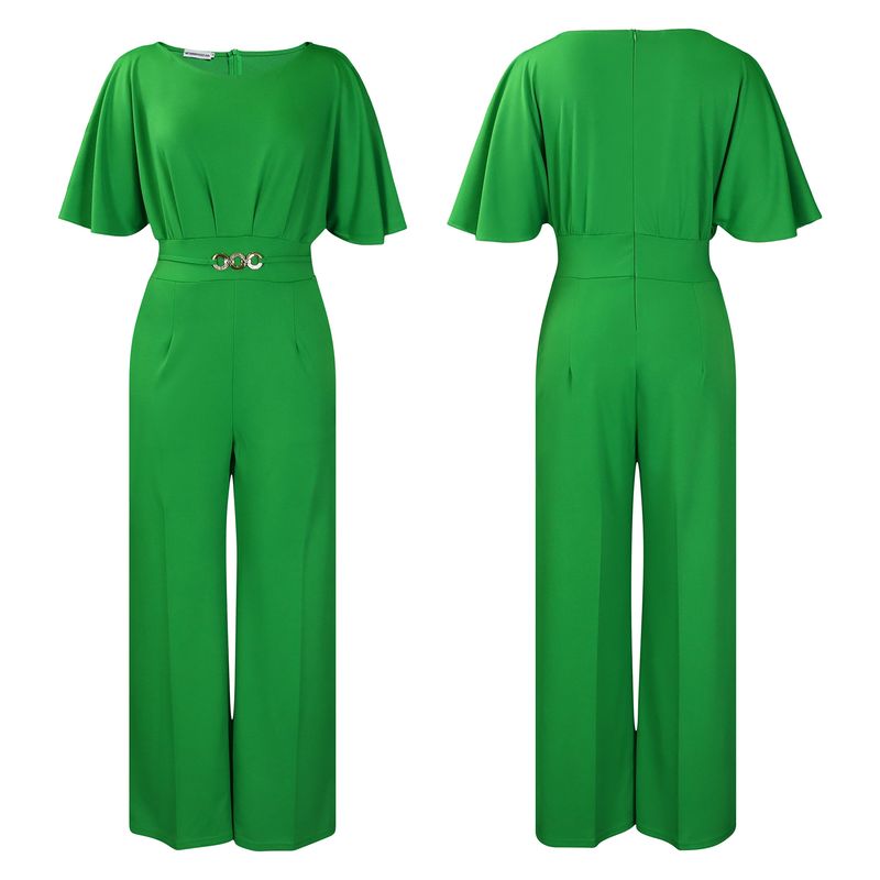 Roupas femininas moda verão feminina gola redonda cor sólida cintura alta tamanho grande perna larga macacão_voghion.com