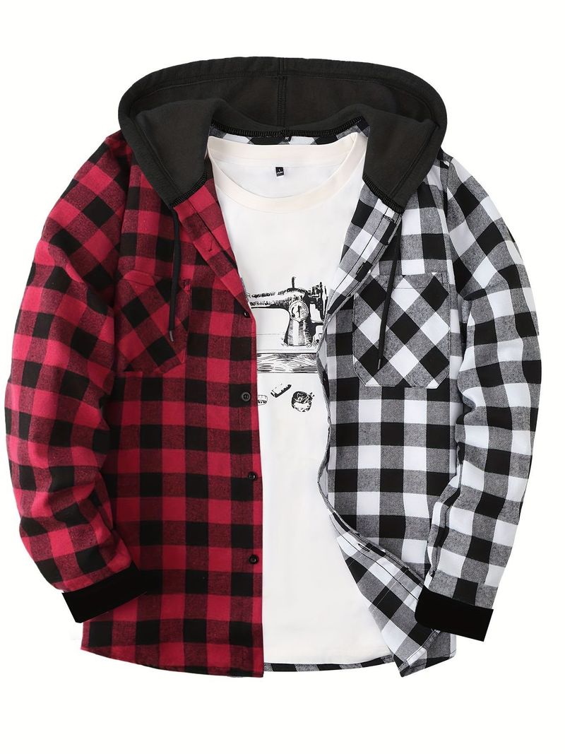 Felpa con cappuccio a quadri, con cappuccio in flanella e con cappuccio a contrasto, con cappuccio di tendenza alla moda di New York da uomo_voghion.com