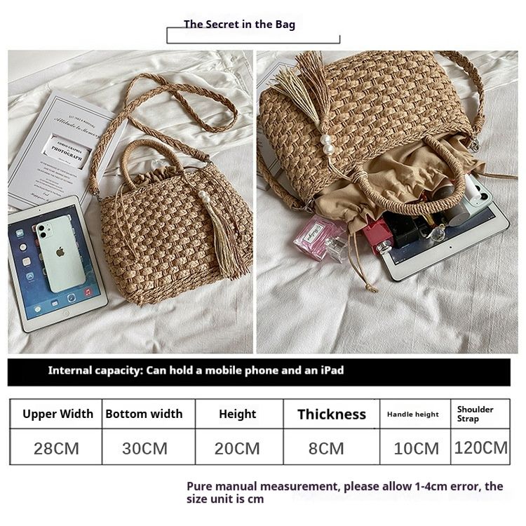 Borsa a tracolla da donna, in stile etnico, con cestino intrecciato, in paglia, estiva, con perle e nappa, per le vacanze_voghion.com