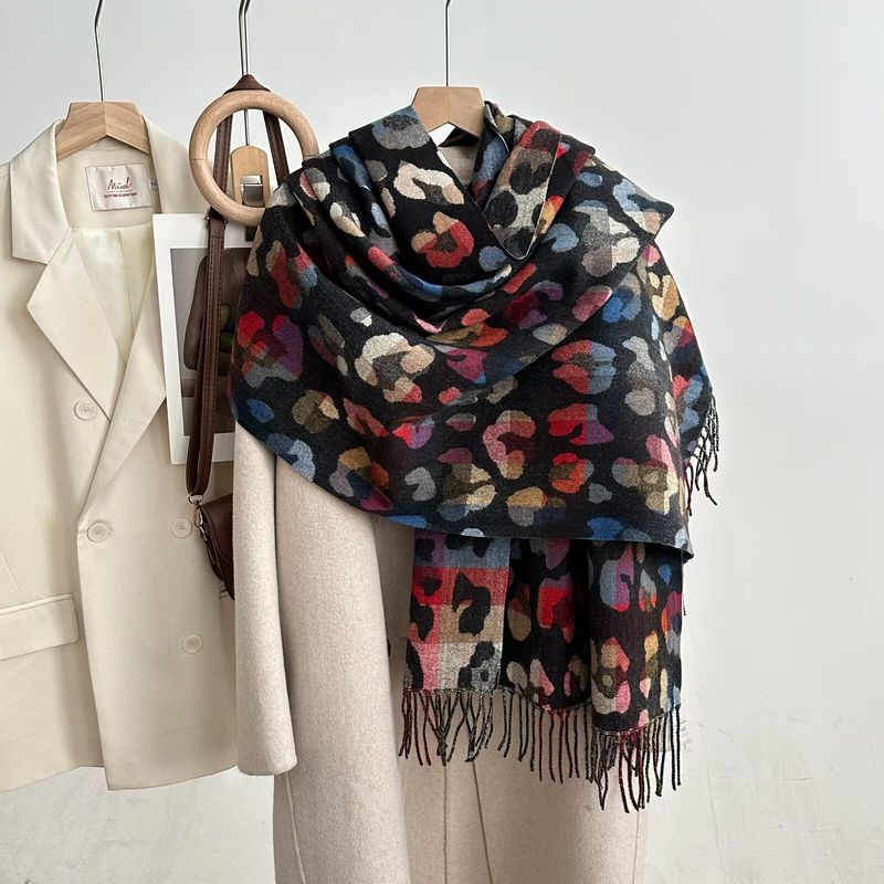 Écharpe léopard transfrontalière, châle d'automne et d'hiver polyvalent, haut de gamme, pompon chaud, écharpe épaisse pour couple, vente en gros_voghion.com