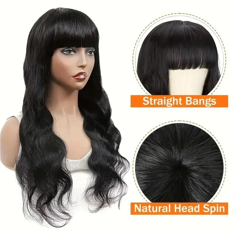 Body Wave Wig With Bangs 180% Density Brazilian 100% Virgin Human Hair Natural Color_voghion.com