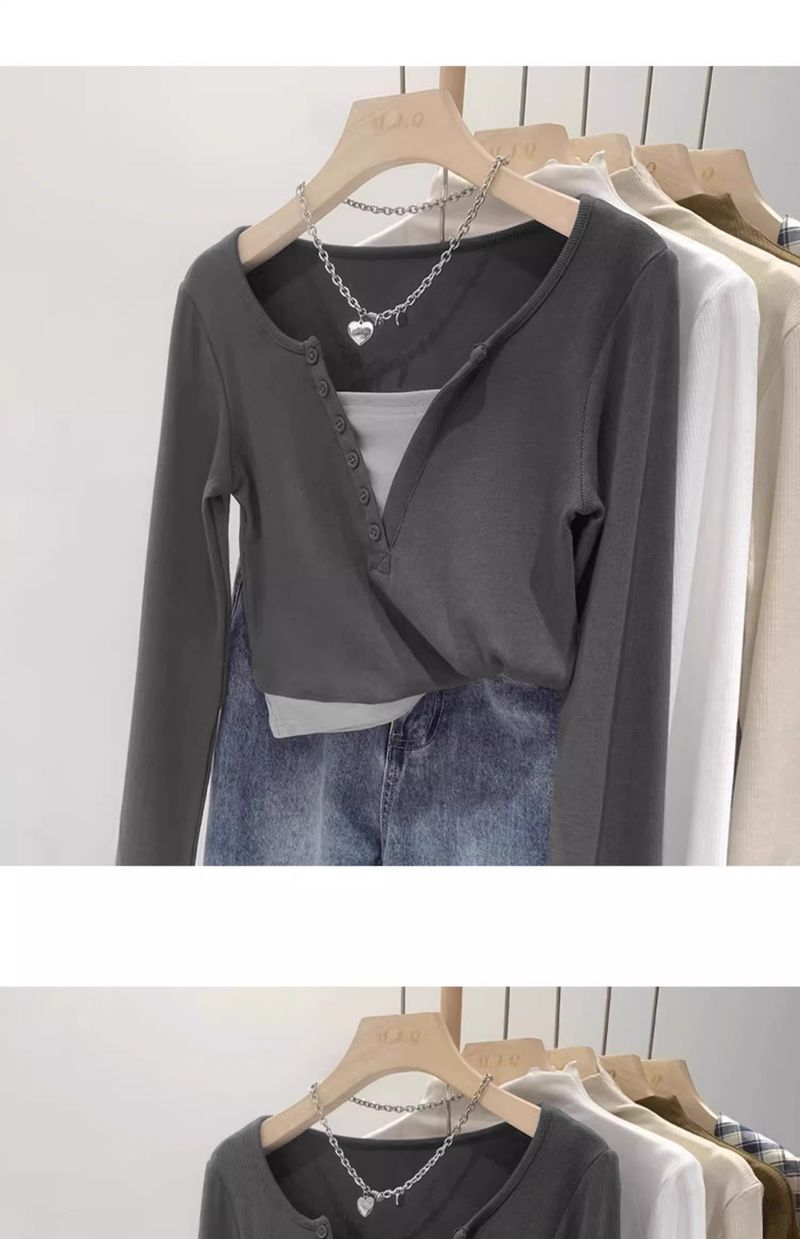 Korte gestalte color blocking korte top twee V-hals lange mouwen T-shirts voor dames herfst Amerikaanse slim fit pittig_voghion.com