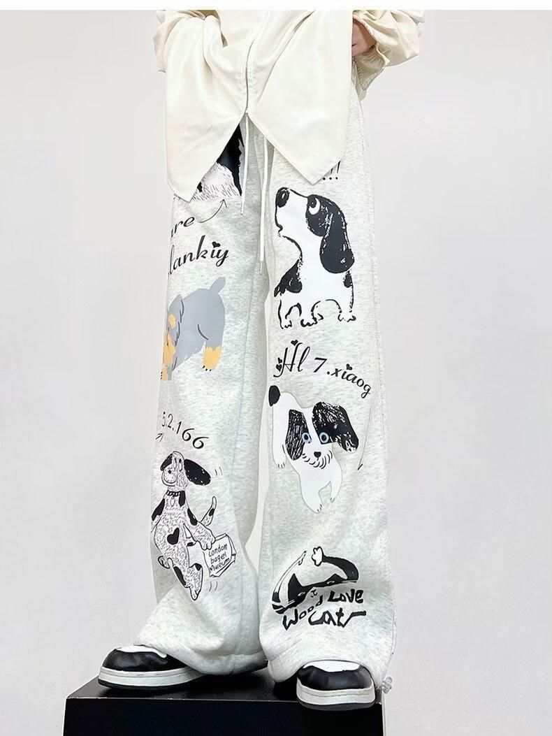 Herrkläder Retro Trendiga Valp Graffiti Casual Byxor Moderiktiga Och Mångsidiga Trendiga Nischade Par Casual Sportbyxor_voghion.com