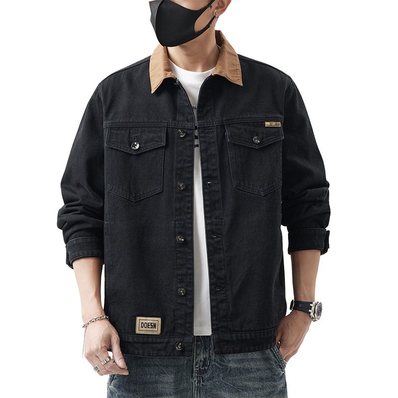 2025 Ny Krydsfarvet Splicing Lapel Jakke Herre Tyk Plus Size Badge Denimskjorte_voghion.com