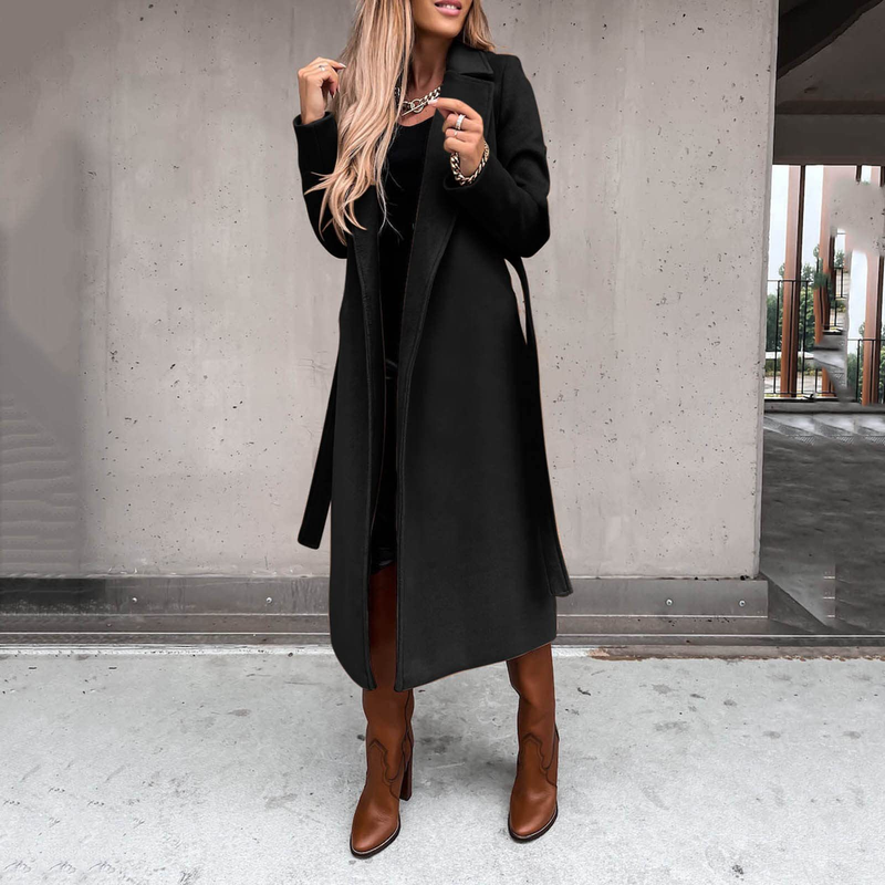 Autumn and winter women's solid color lapel long-sleeved woolen jacket simple strappy windbreaker_voghion.com