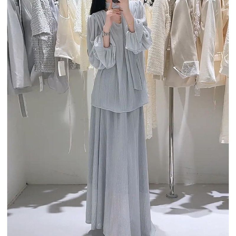 Spring Outfit OOTD Pleated Ribbon V-neck Shirt And Skirt Trendy Beautiful Two-piece Set This Year_voghion.com