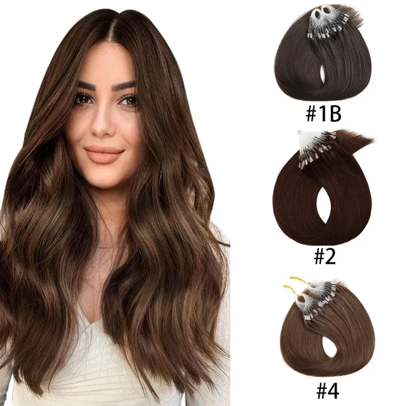 Extension per capelli con micro loop a linea di pesce liscia castano medio, con punta a bastoncino, morbida e setosa per le donne_voghion.com