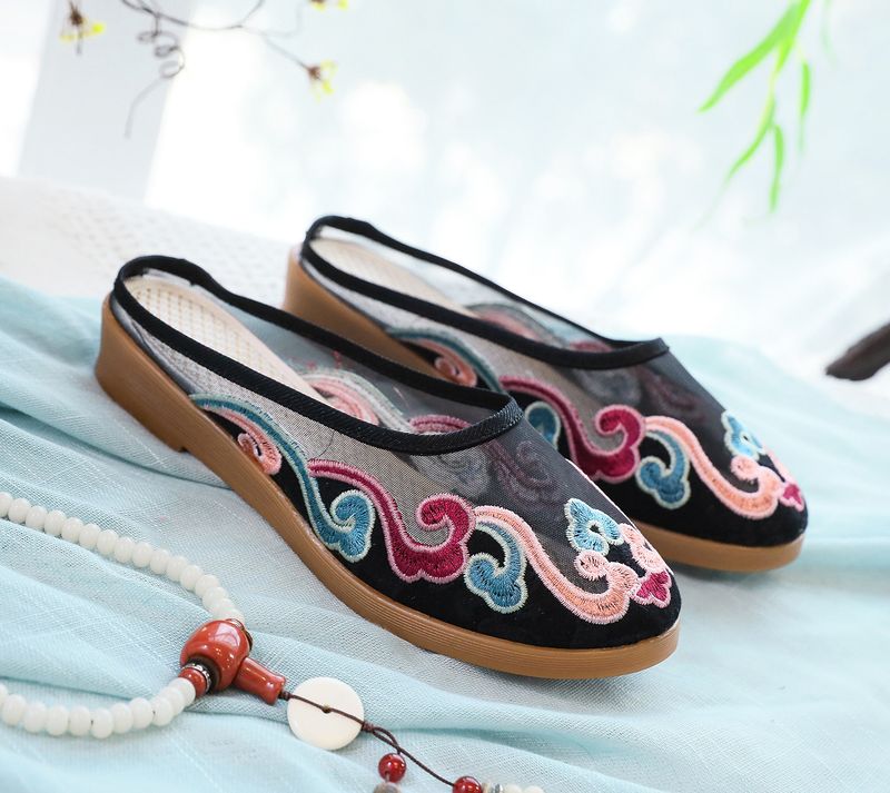 Slippers, Mesh Embroidered Fabric Shoes, Summer Cow Tendon Soles, Casual Women's Outerwear Sandals_voghion.com