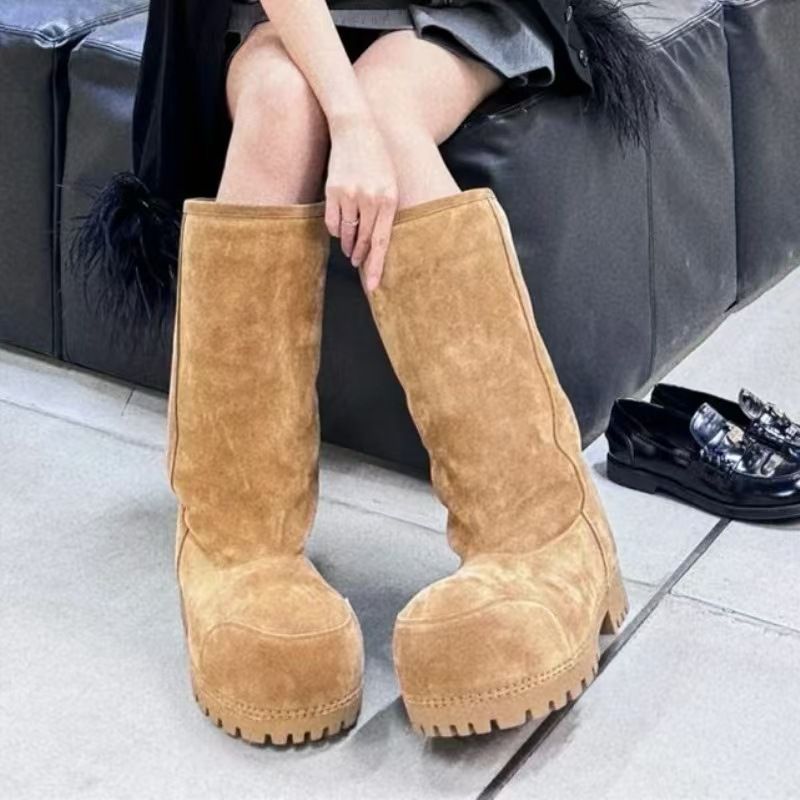 2025 neue Einfarbig Leder High Heel Pelz Stiefel Schnee Stiefel Großen Kopf Dicke Sohle Mode Winter Schnee Stiefel_voghion.com