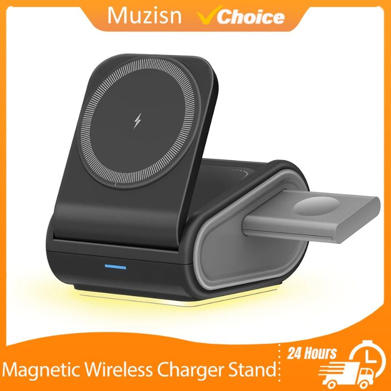 Caricabatterie wireless magnetico 3 in 1 con luce notturna a LED per iPhone 17~12, iPhone 10, Samsung Galaxy Watch, AirPods Pro Fast_voghion.com