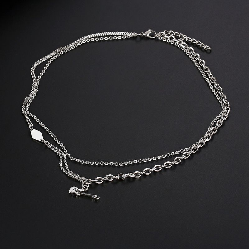 Dubbele laag ketting voor mannen en vrouwen concert gitaar hanger trendy hiphop dagelijks gelaagde persoonlijkheid sleutelbeen_voghion.com