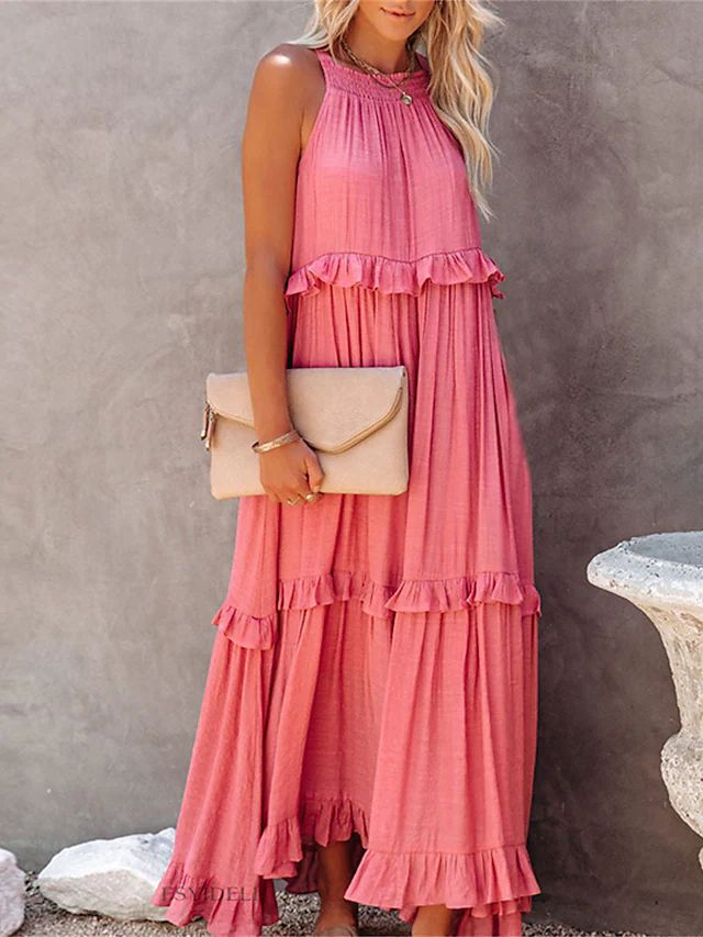 Vestidos largos con volantes estilo festivo para mujer Vestidos de playa fluidos con gran oscilación_voghion.com